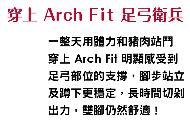 穿上 Arch Fit 足弓衛兵
						    一整天用體力和豬肉站鬥，穿上 Arch Fit明顯感受到足弓部位的支撐，腳步站立及蹲下更穩定，長時間切剁出力，雙腳仍然舒適 !