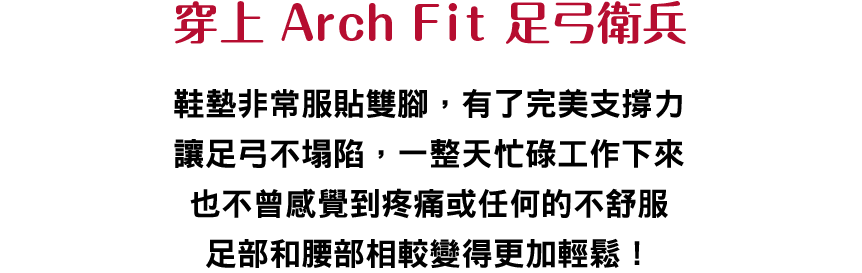 穿上 Arch Fit 足弓衛兵
						    鞋墊非常服貼雙腳，有了完美支撐力讓足弓不塌陷，一整天忙碌工作下來也不曾感覺到疼痛或任何的不舒服足部和腰部相較變得更加輕鬆！！